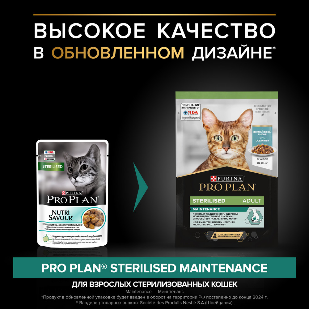 Влажный корм для взрослых стерилизованных кошек и кастрированных котов Pro  Plan Maintenance Sterilised с океанической рыбой в желе 85 г купить в  Екатеринбурге | 1140159462/7613035347755 | Заповедник