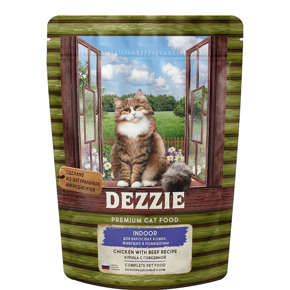 Сухой корм для взрослых кошек живущих в помещении DEZZIE INDOOR Курица с  говядиной 400 г купить в Екатеринбурге | 5659110/4650096352994 | Заповедник