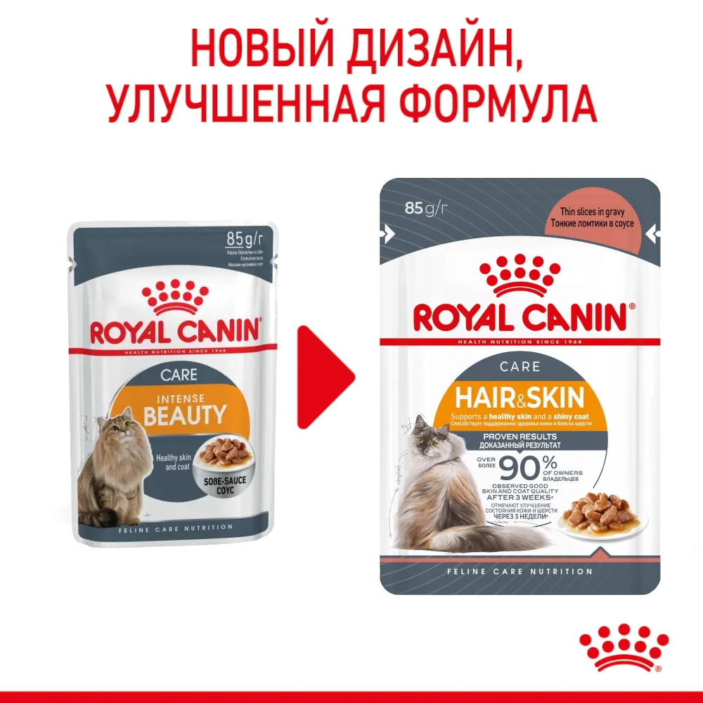 Влажный корм для взрослых кошек Royal Canin Hair & Skin Care (Хэйр энд скин  кэа) в соусе 85 г купить в Тюмени | 40710008R1/4627180245180,  4627180248358, 9000001740852, 9003579113554, 9003579308721 | Заповедник