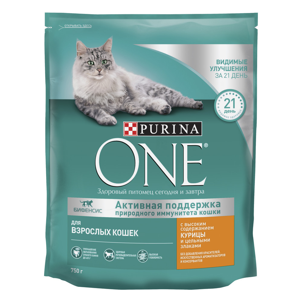 Сухой корм для взрослых кошек Purina ONE Adult с курицей и злаками 750 г  купить в Екатеринбурге | /7613034275080 | Заповедник