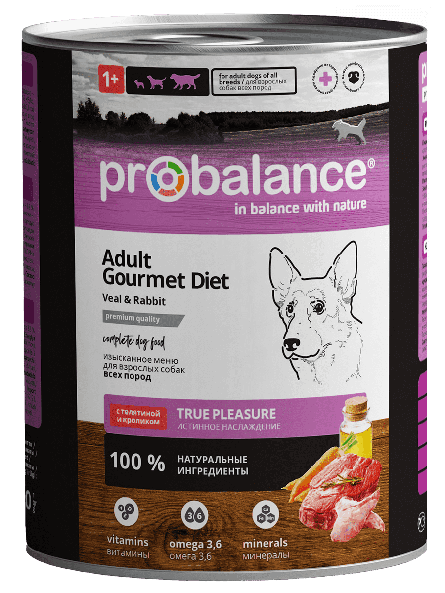 Консервы для собак всех пород ProBalance Gourmet Diet Изысканное меню с  телятиной и кроликом 850 г купить в Тюмени | /4640011982740 | Заповедник