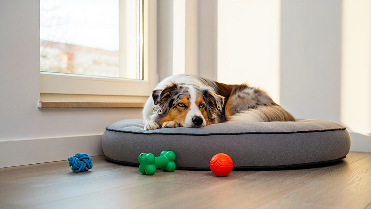 Спокойная австралийская овчарка отдыхает на своем месте в квартире, доказывая возможность содержания при достаточной активности.