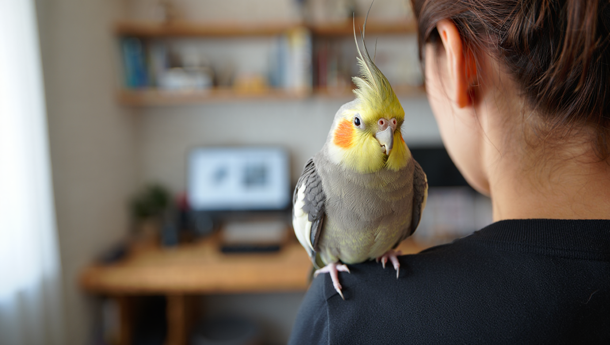 Ручная корелла с желтым хохолком сидит на плече хозяина, показывая свою привязанность к человеку.