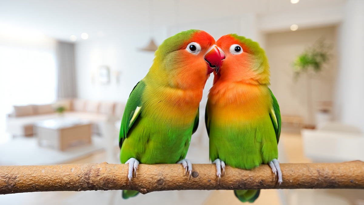 Пара ярких неразлучников сидит на ветке, демонстрируя свою харизму и сильную привязанность друг к другу