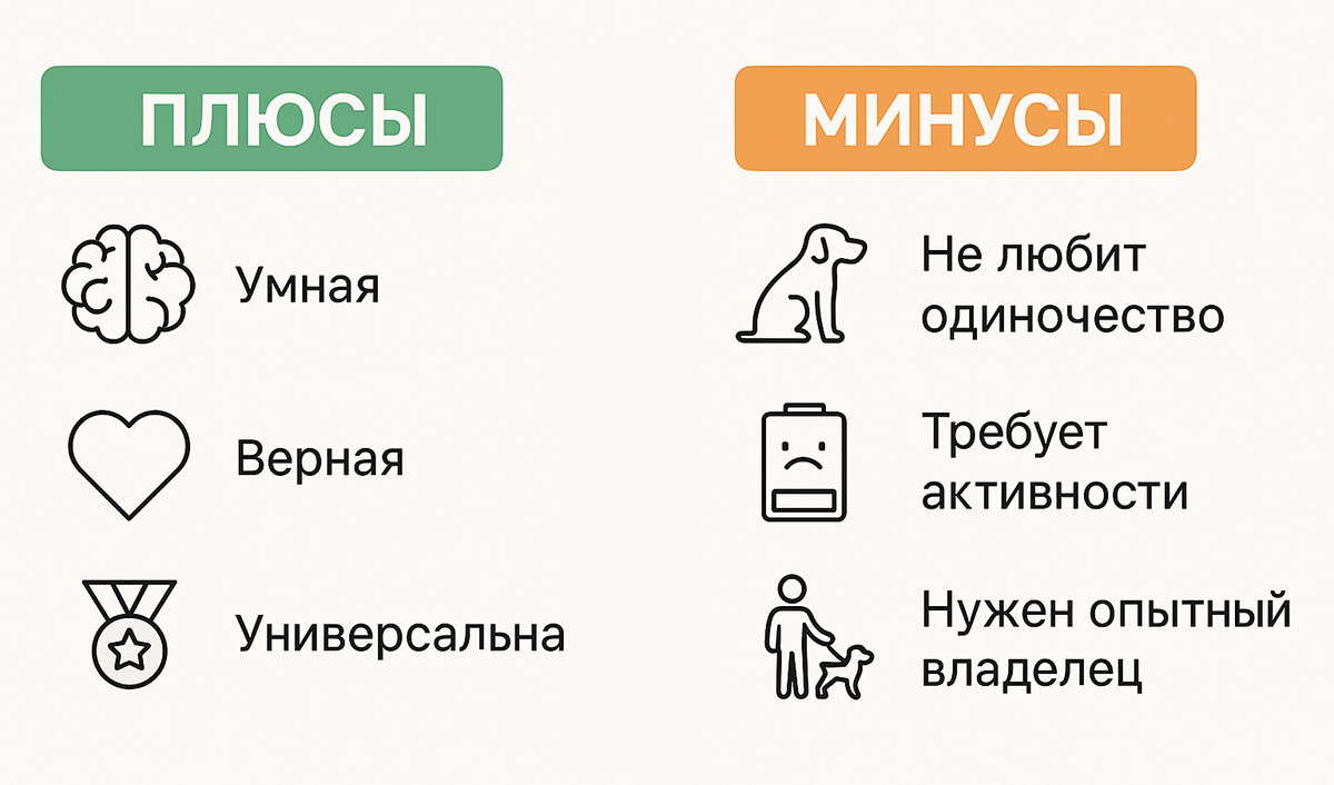 Инфографика: плюсы и минусы породы австралийская овчарка, включая ее ум и преданность, а также потребность в активности.