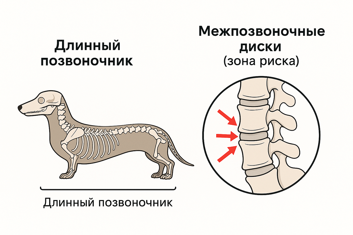 Схема строения позвоночника таксы и зоны риска развития дископатии (IVDD)