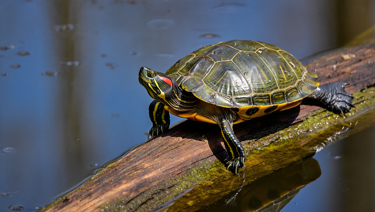 Красноухая пресноводная черепаха греется на солнце
