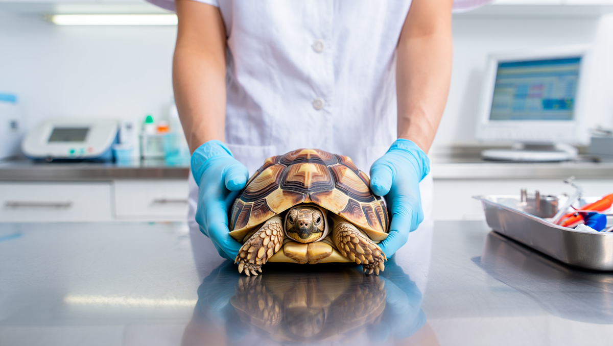 Ветеринар-герпетолог осматривает черепаху в клинике