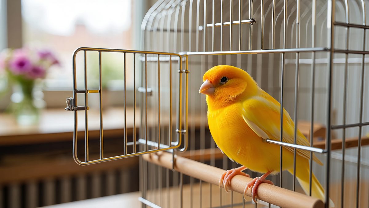 Яркая желтая канарейка сидит на жердочке в своей клетке, готовая запеть
