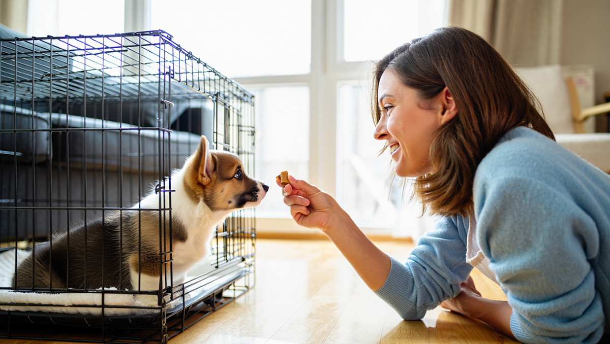 Хозяйка хвалит и дает лакомство щенку за то, что он самостоятельно зашел в свою клетку, используя метод положительного подкрепления.