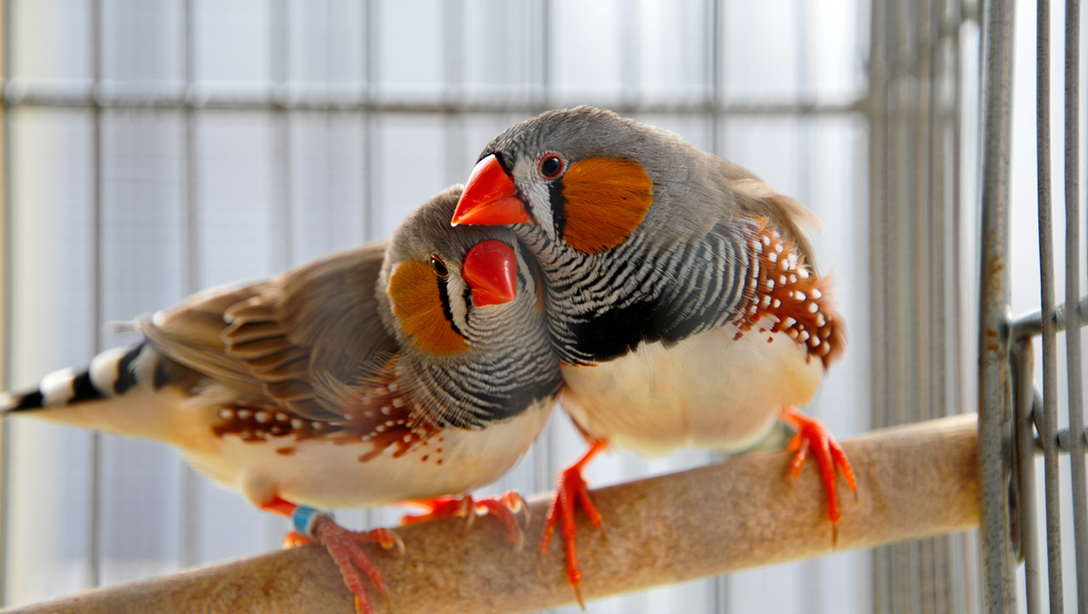 Пара зебровых амадин сидит вместе на ветке, иллюстрируя их потребность в стайном содержании.