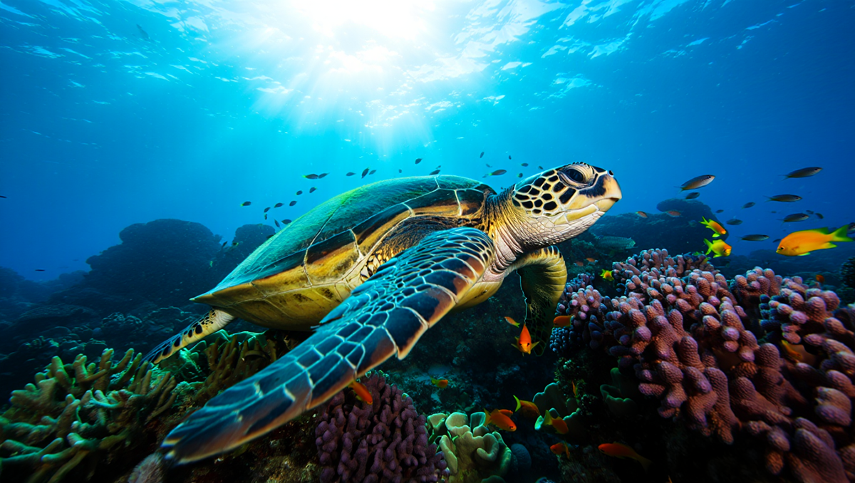 Зеленая морская черепаха плавает в океане у кораллового рифа