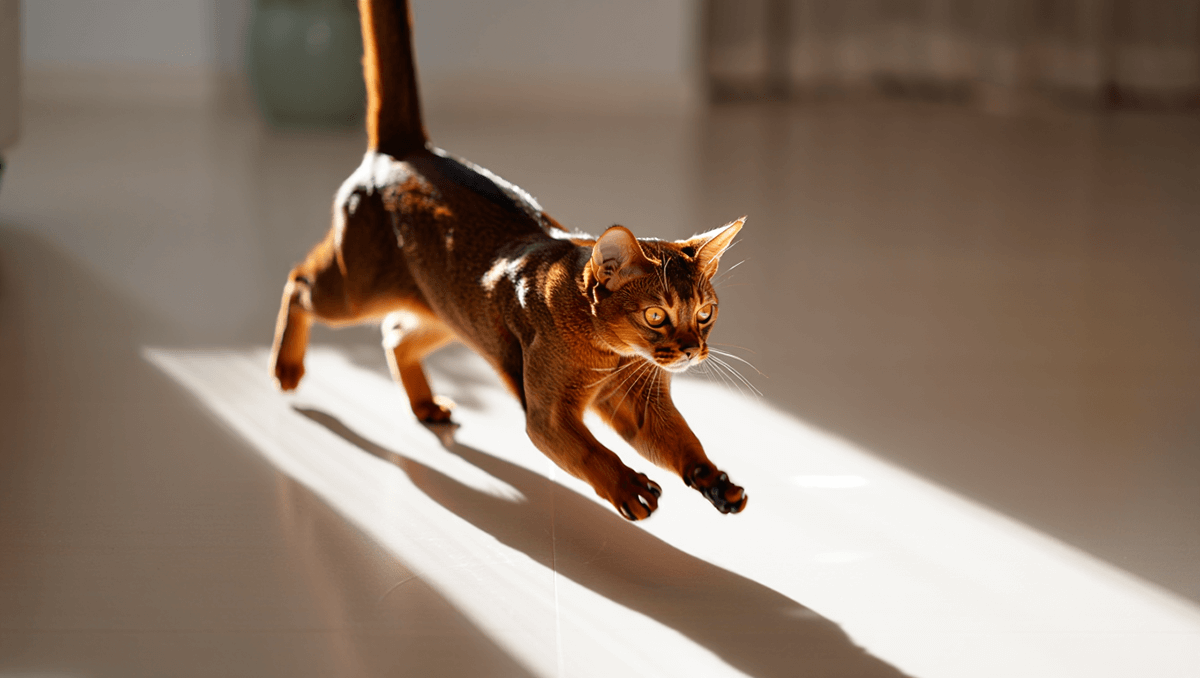 Активная абиссинская кошка в прыжке ловит солнечный луч