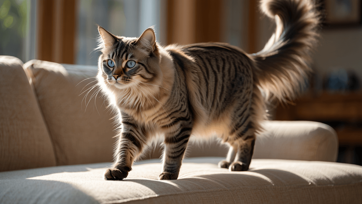 Длинношерстная балинезийская кошка с голубыми глазами и пушистым хвостом