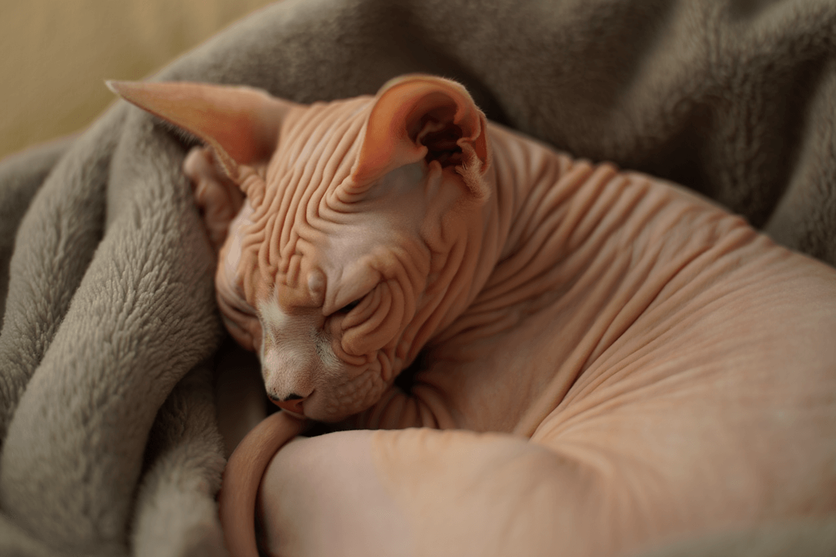 Лысая кошка канадский сфинкс со складками на коже спит в пледе