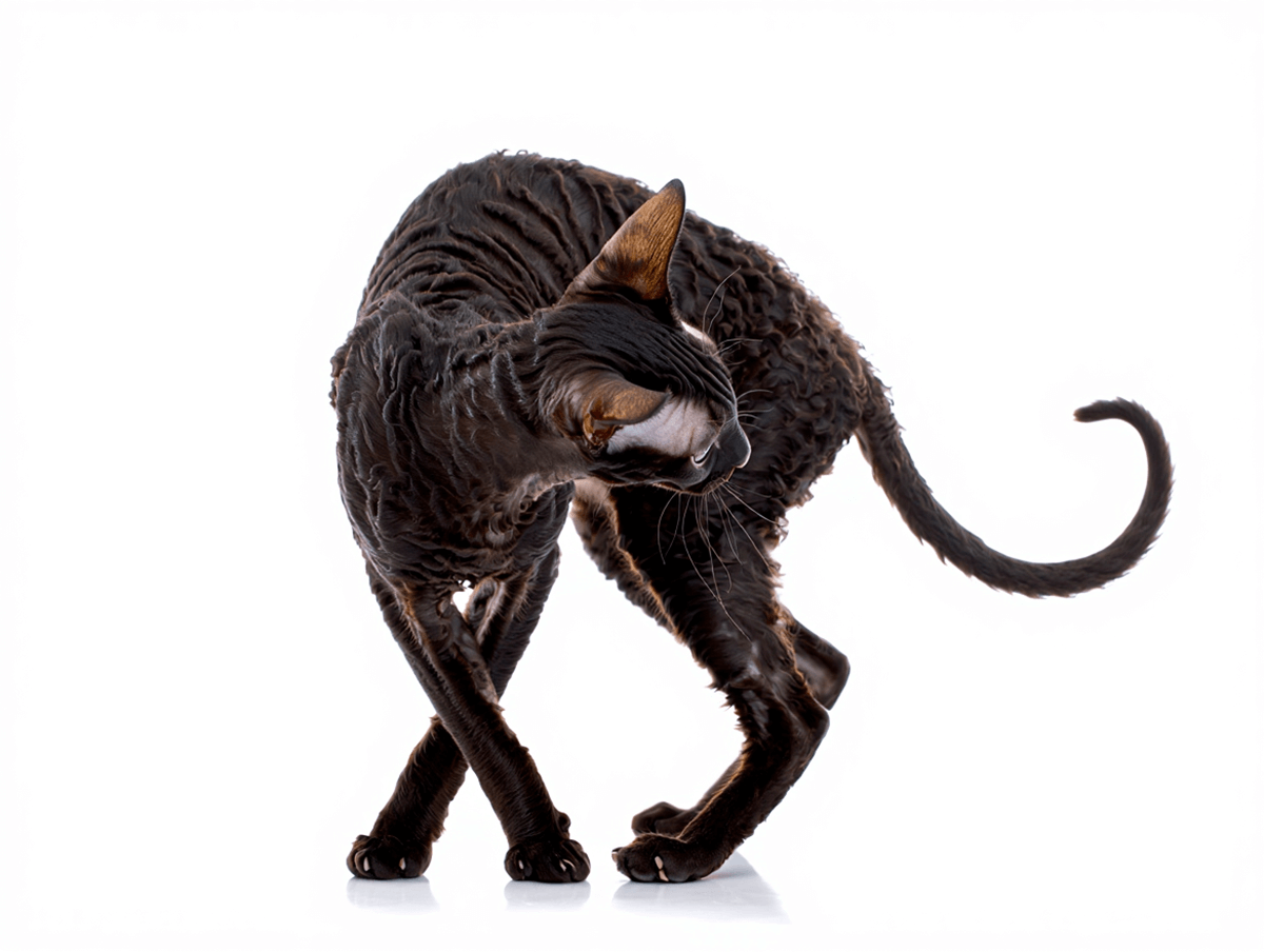 Изящный корниш-рекс с короткой волнистой шерстью и выгнутой спиной