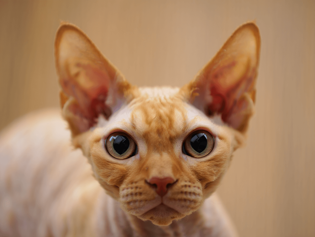 Портрет кошки девон-рекс с большими ушами и волнистой шерстью