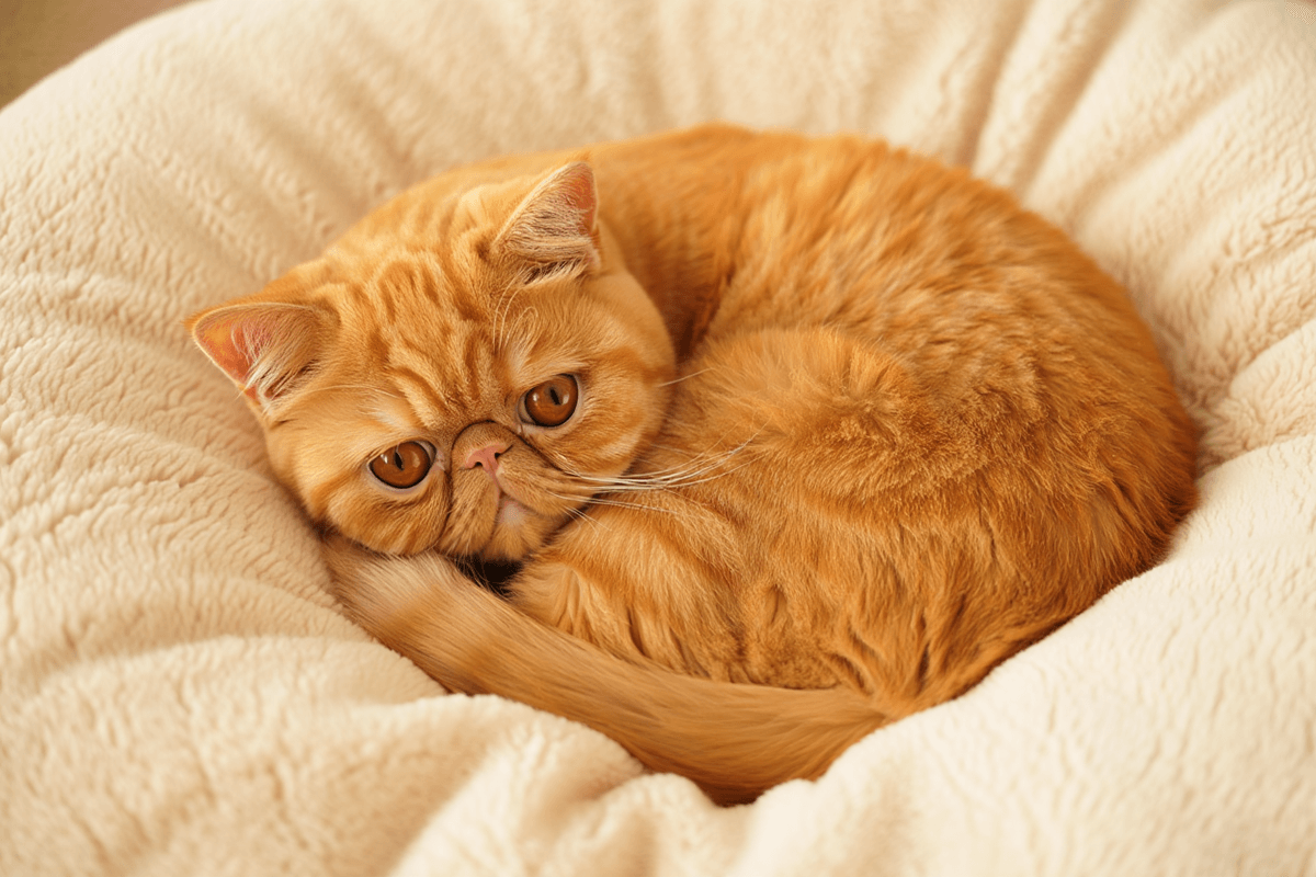 Экзотическая короткошерстная кошка с плоской мордочкой и густой шерстью спит на пледе