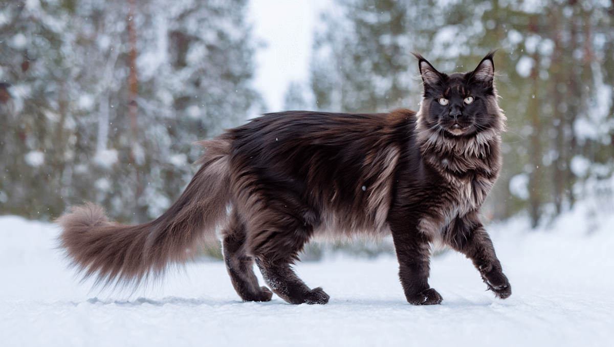 Большой кот мейн-кун с кисточками на ушах стоит в зимнем лесу