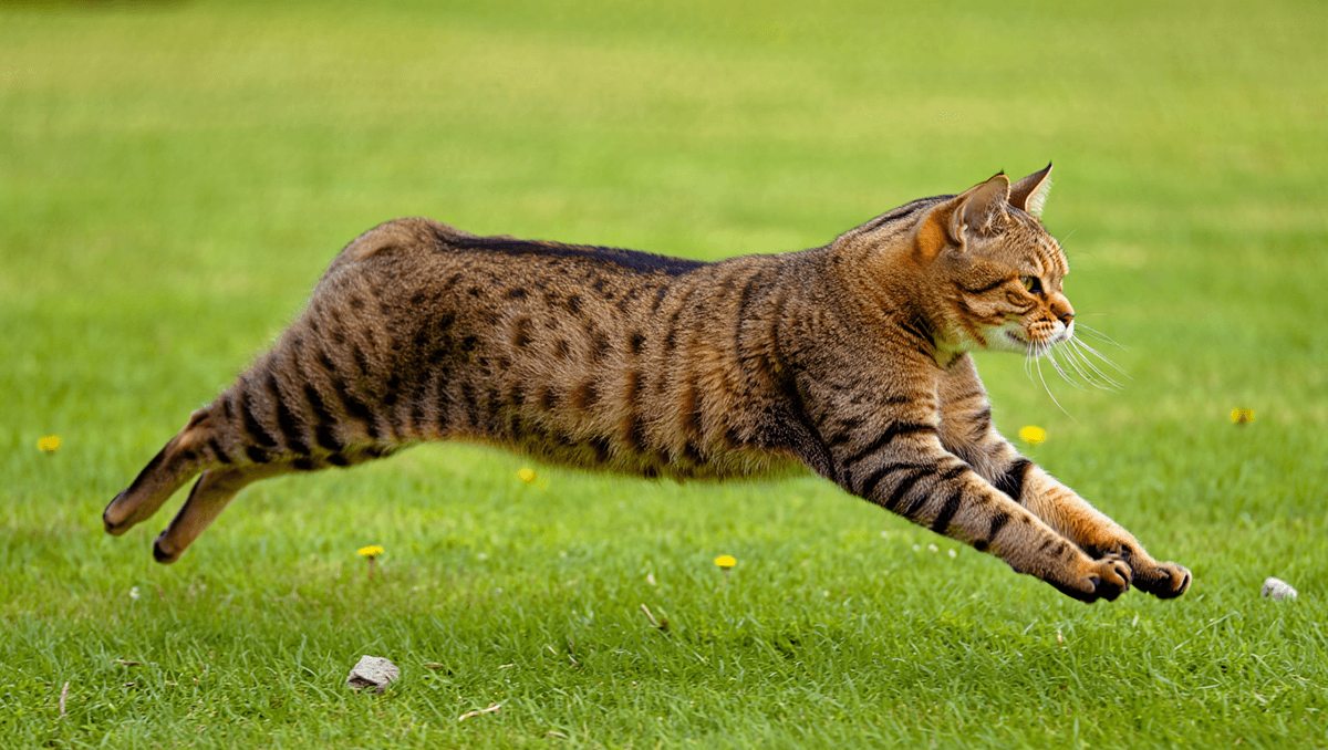 Бесхвостая кошка мэнкс прыгает на траве, как кролик