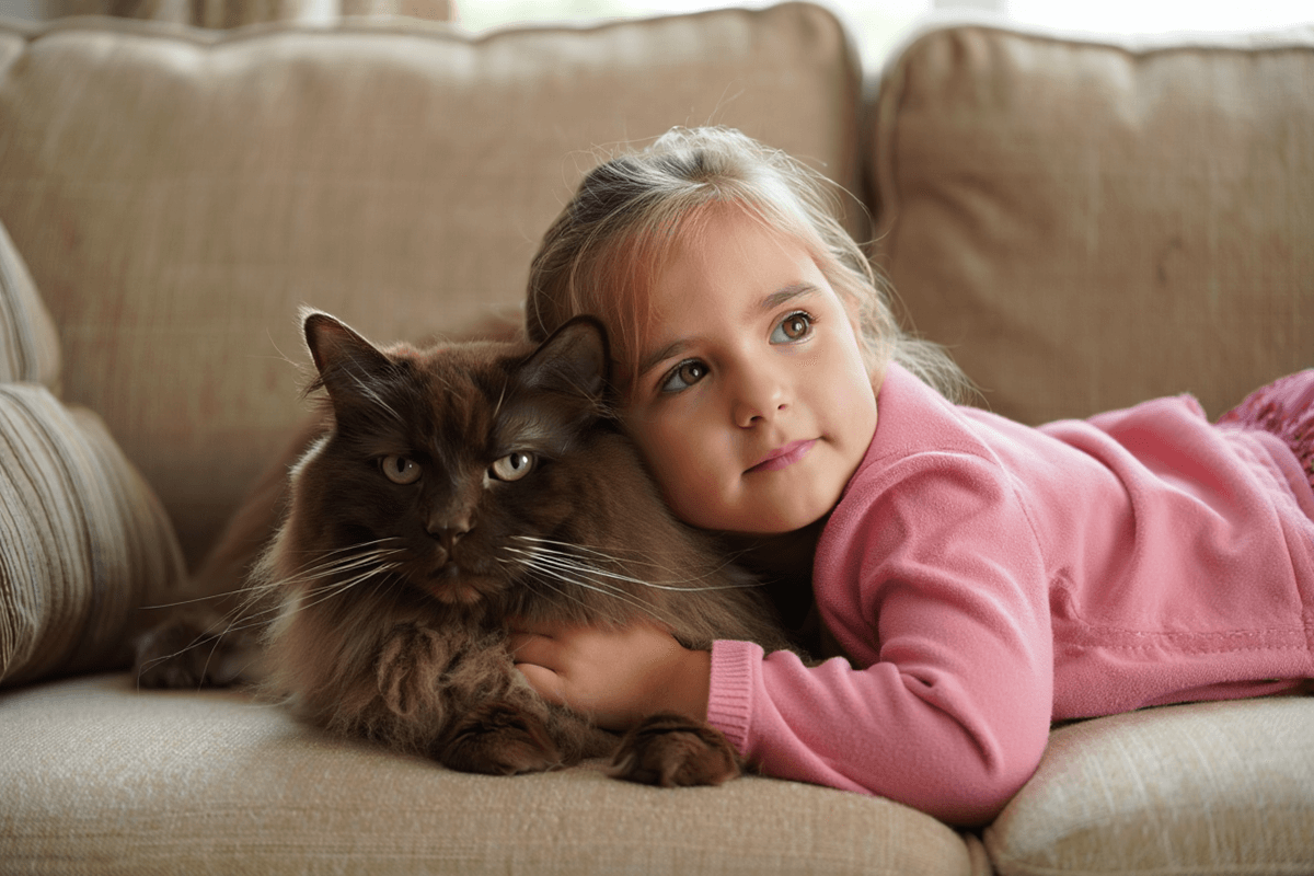 Большая пушистая кошка рагамаффин терпеливо лежит в объятиях ребенка