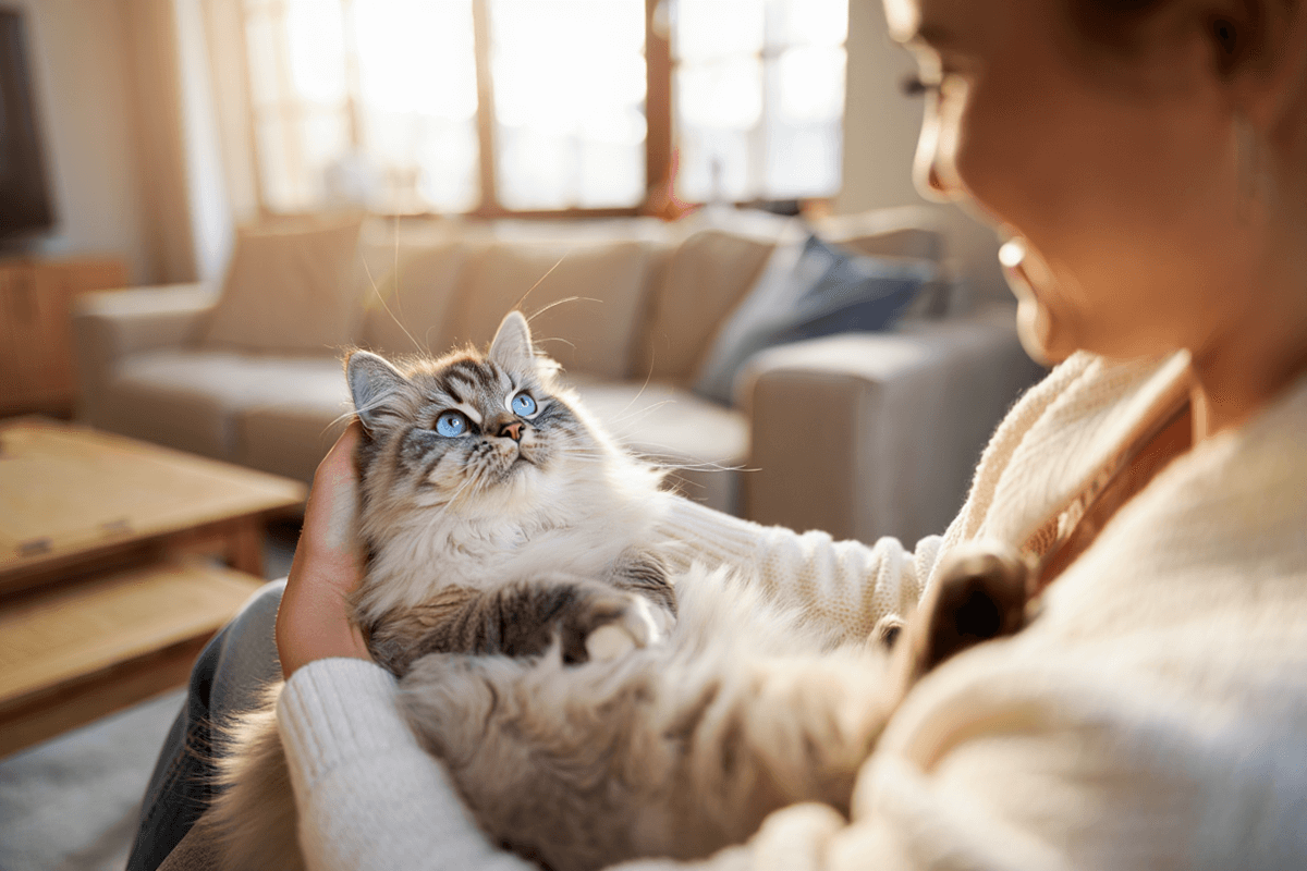 Большая пушистая кошка рэгдолл с голубыми глазами расслабленно лежит на руках у человека