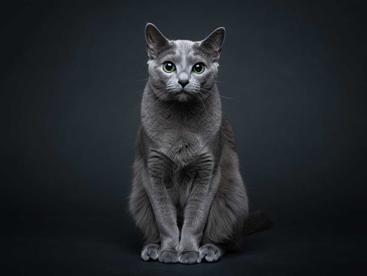 Русская голубая кошка с зелеными глазами и серебристой шерстью