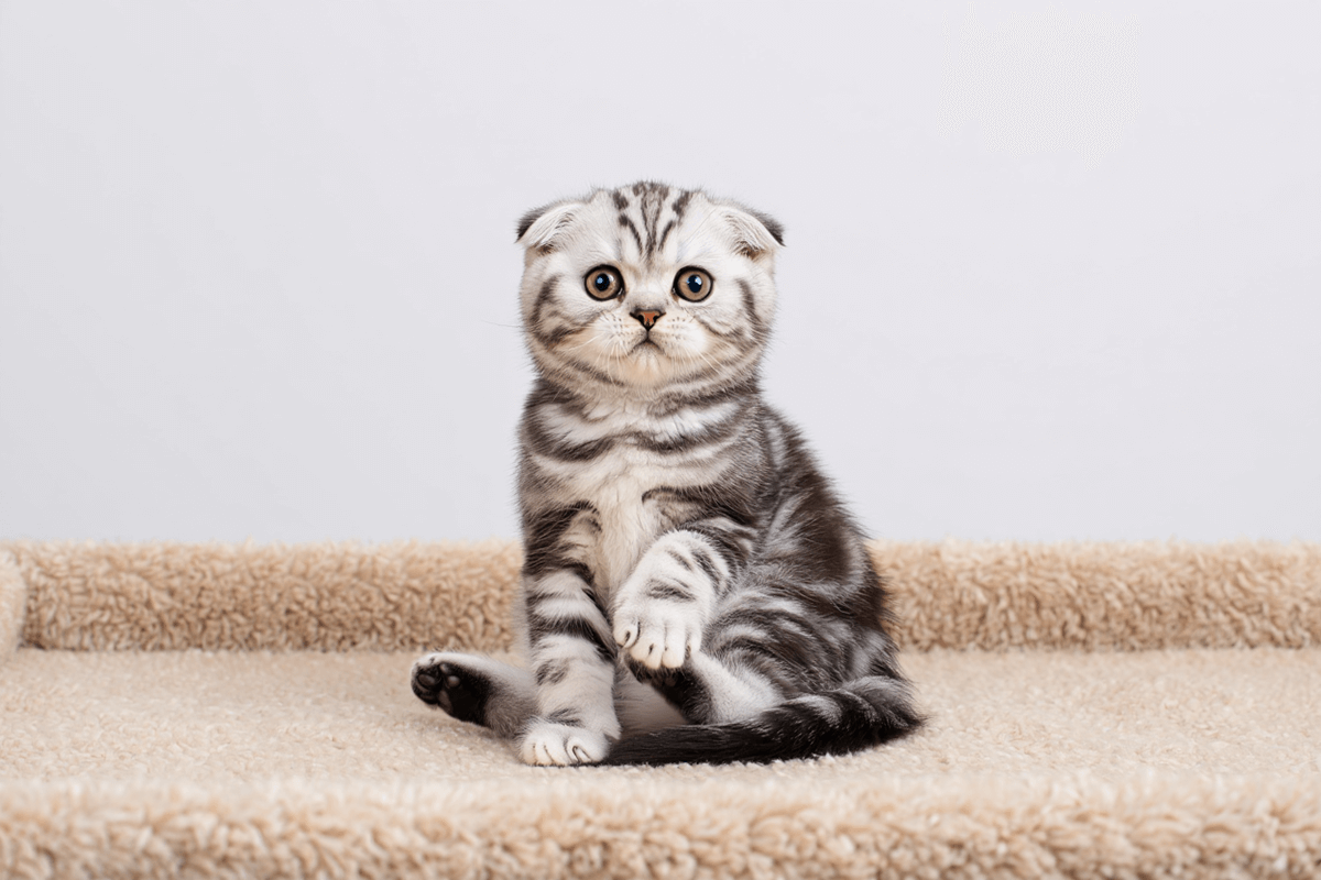 Серая шотландская вислоухая кошка с большими круглыми глазами сидит на ковре