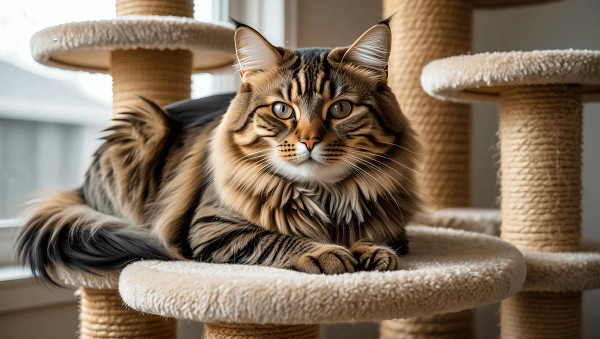 Большой пушистый сибирский кот сидит на игровом комплексе