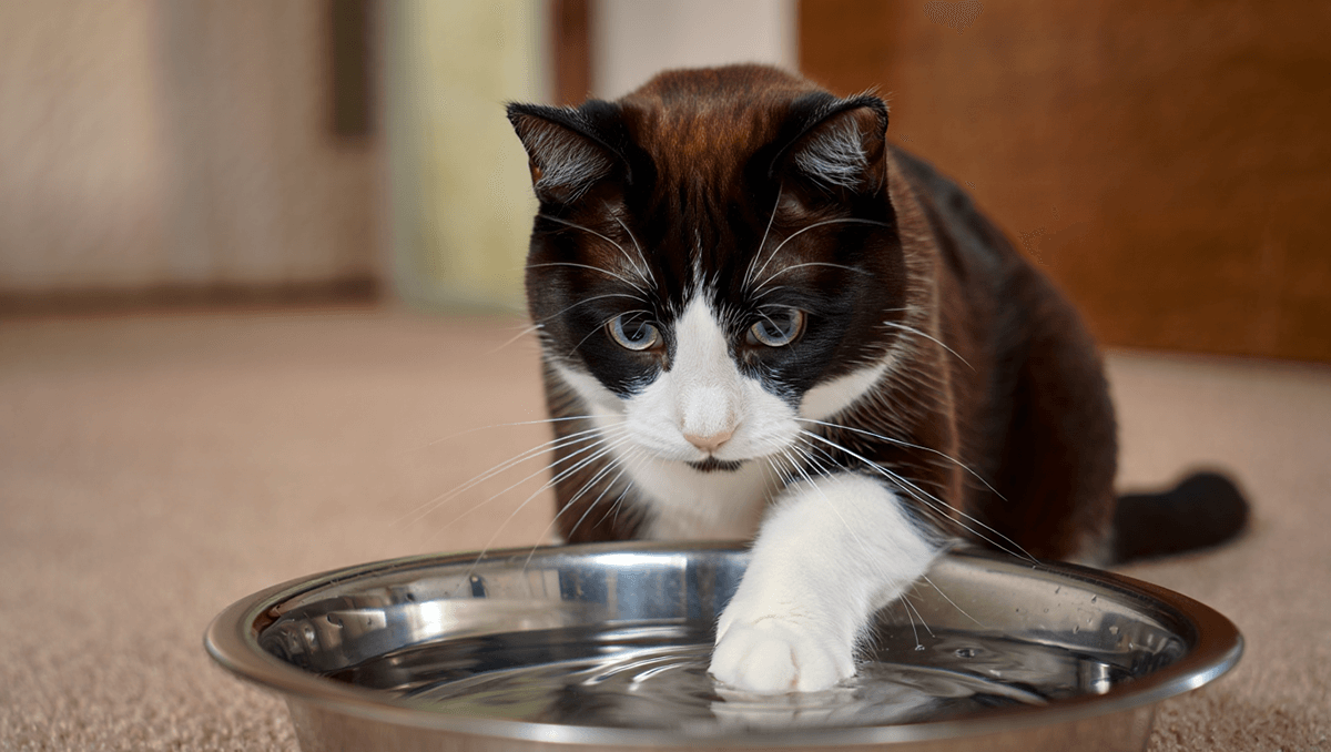 Кошка сноу-шу с белыми лапками и отметиной на морде играет с водой