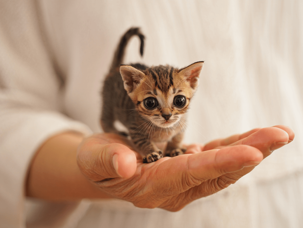 Миниатюрная взрослая кошка той-боб сидит на человеческой ладони