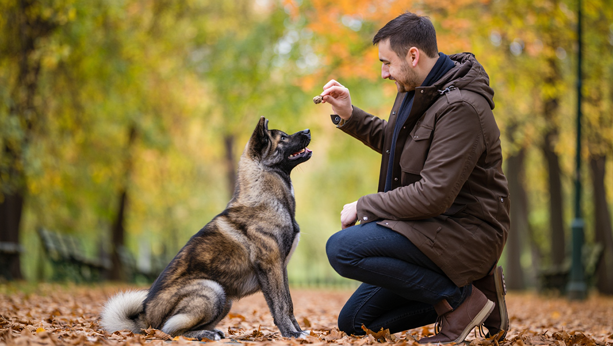 Дрессировка собаки породы акита-ину на прогулке