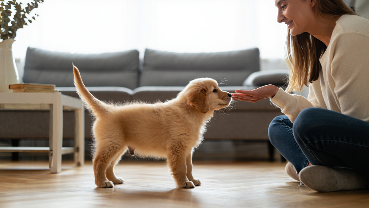Адаптация щенка: знакомство с хозяином, обнюхивание руки.