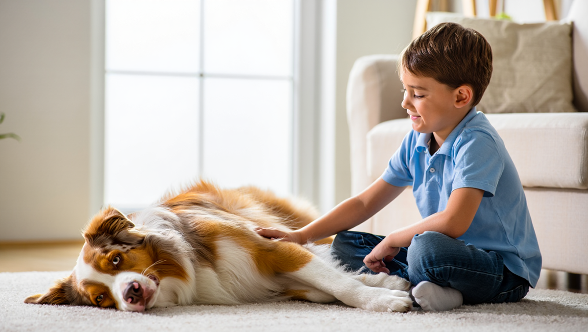 Австралийская овчарка терпеливо лежит рядом с ребенком, демонстрируя свою пригодность в качестве семейной собаки