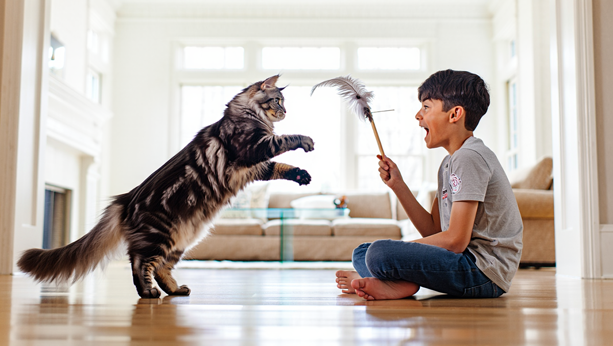 Подросток играет с котом мейн-куном при помощи игрушки-удочки.