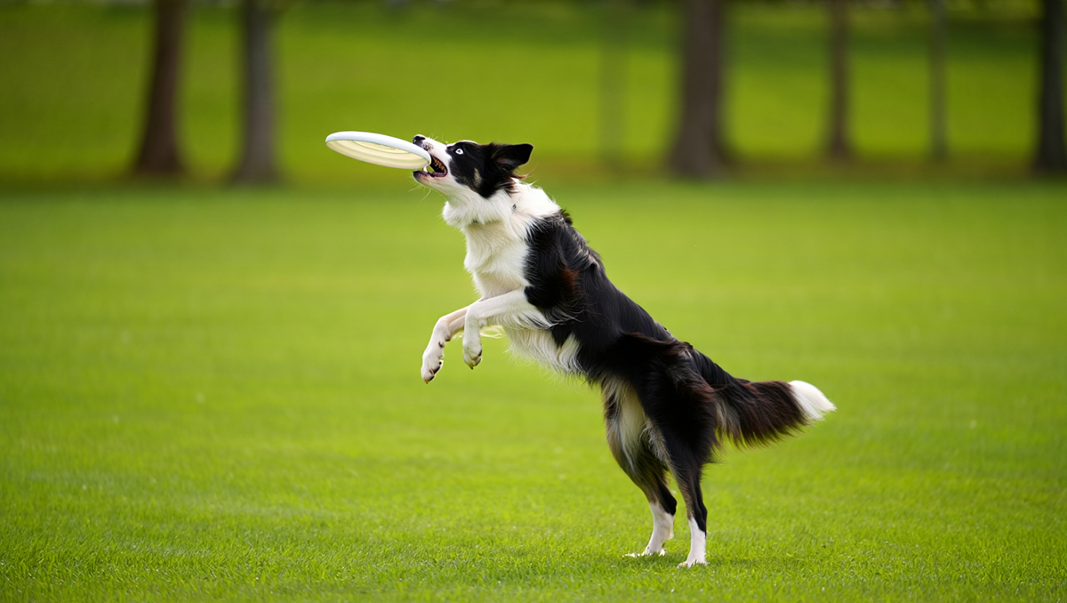 Активные игры с собакой на улице: ловля фрисби в прыжке
