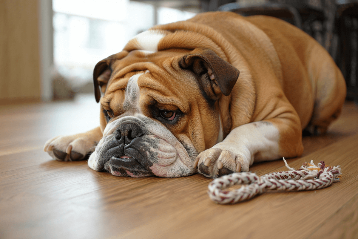 Спокойный английский бульдог лежит на полу в квартире.