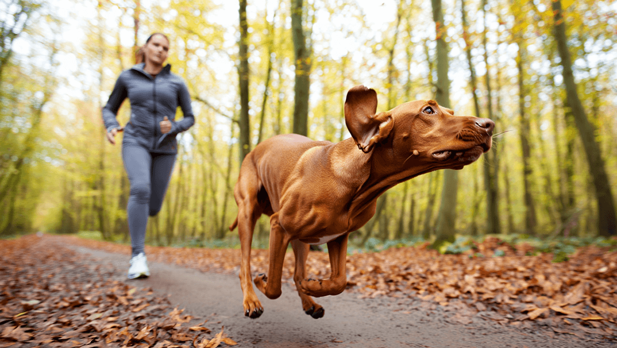 Атлетичная собака породы венгерская выжла, идеально подходящая для бега, мчится по лесу