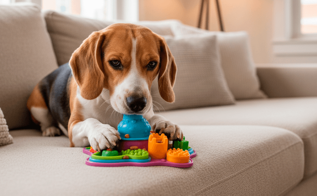 Бигль лежит на диване и играет с интерактивной игрушкой-головоломкой