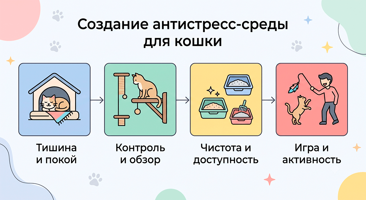 Блок-схема правил организации антистрессовой домашней среды для кошки