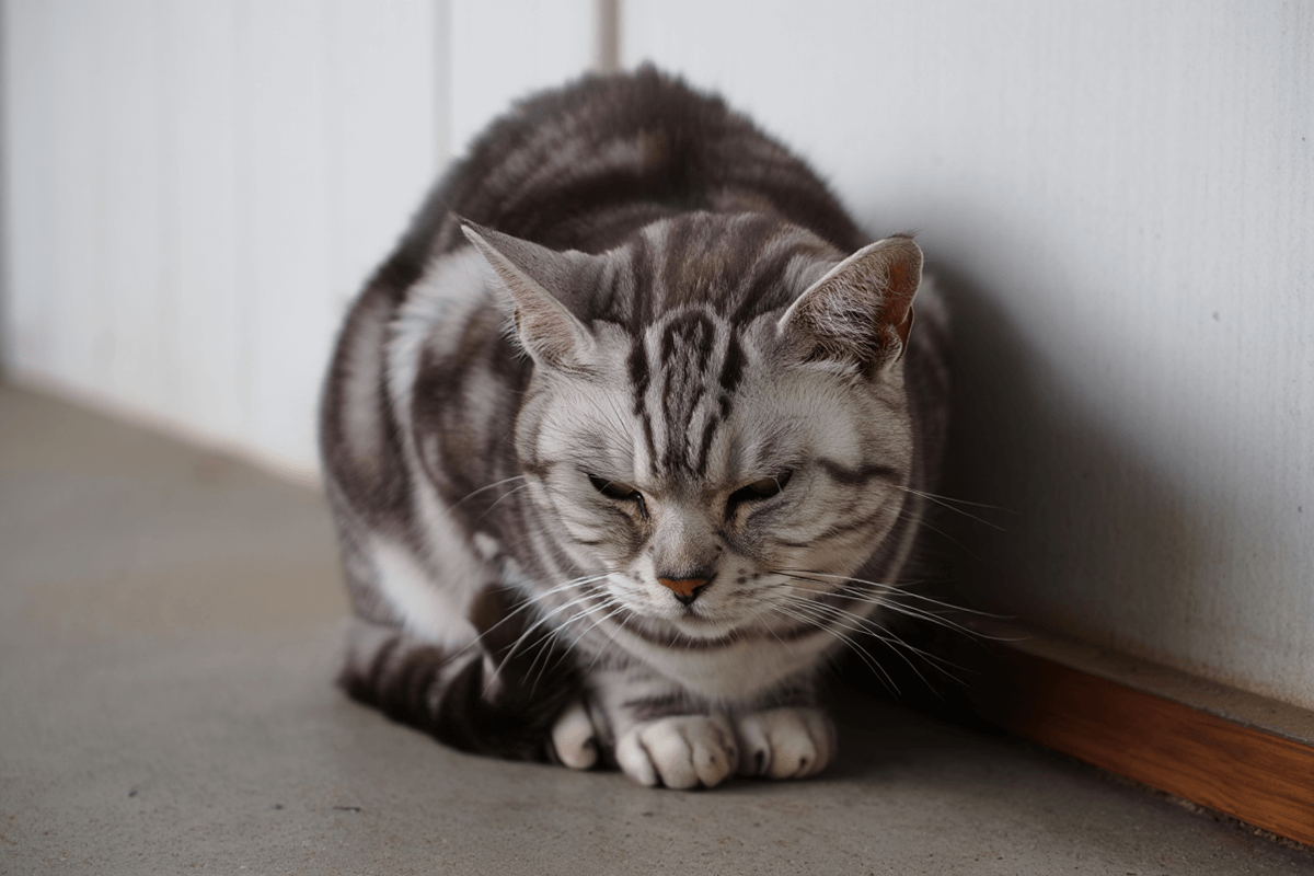 Больная кошка сидит сгорбившись в углу, демонстрируя симптомы недомогания.
