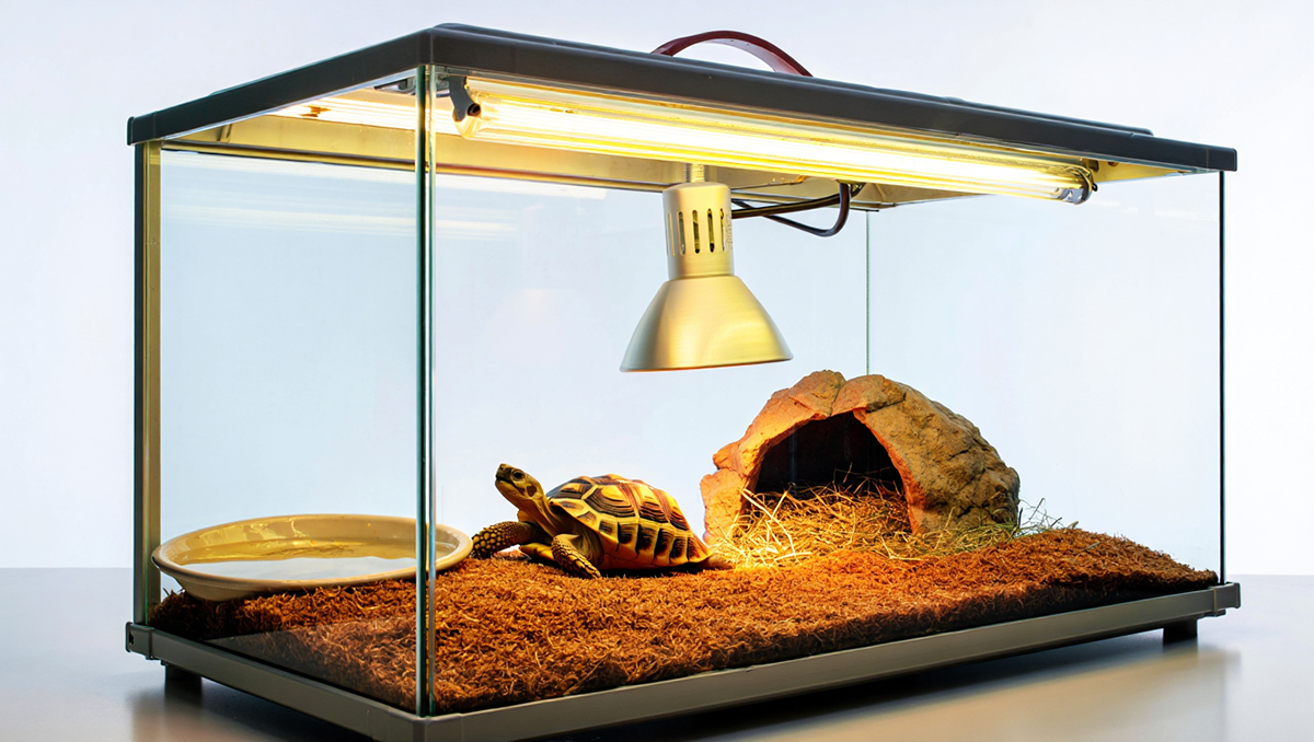 Правильно оборудованный террариум для сухопутной черепахи с УФ-лампой и лампой обогрева
