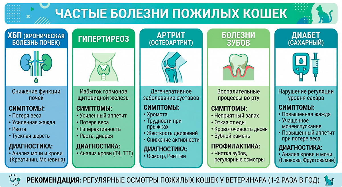 Визуальная таблица частых заболеваний пожилых кошек
