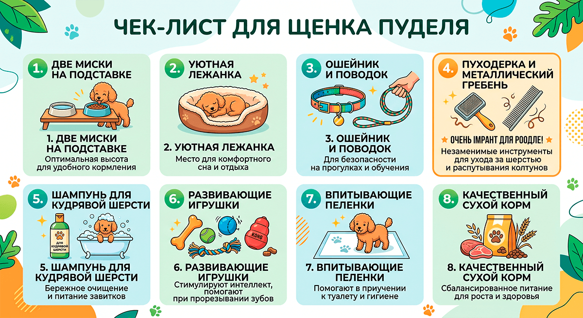 Визуальный чек-лист необходимых покупок перед появлением щенка пуделя в доме
