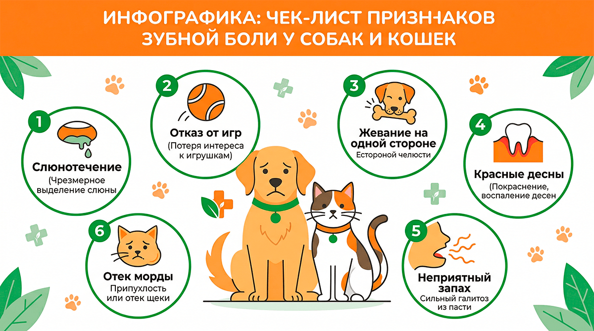 Инфографика: чек-лист симптомов зубной боли у животных