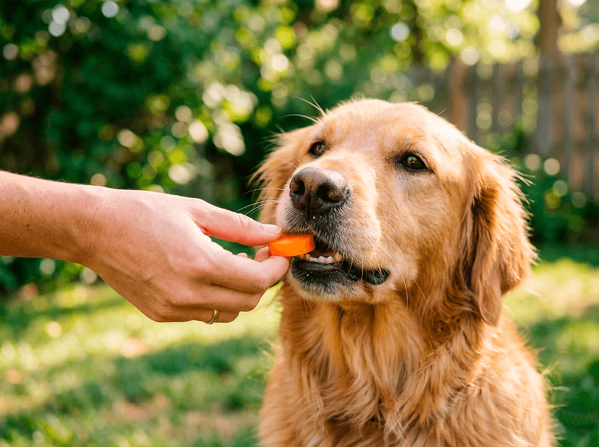 Человек дает собаке кусочек сырой моркови в качестве безопасного лакомства