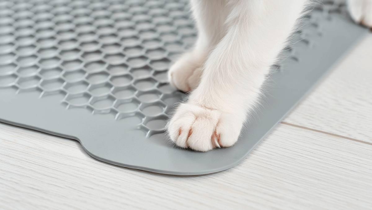 Чистая лапка котенка на специальном сером коврике для кошачьего туалета, который предотвращает разбрасывание наполнителя по квартире.