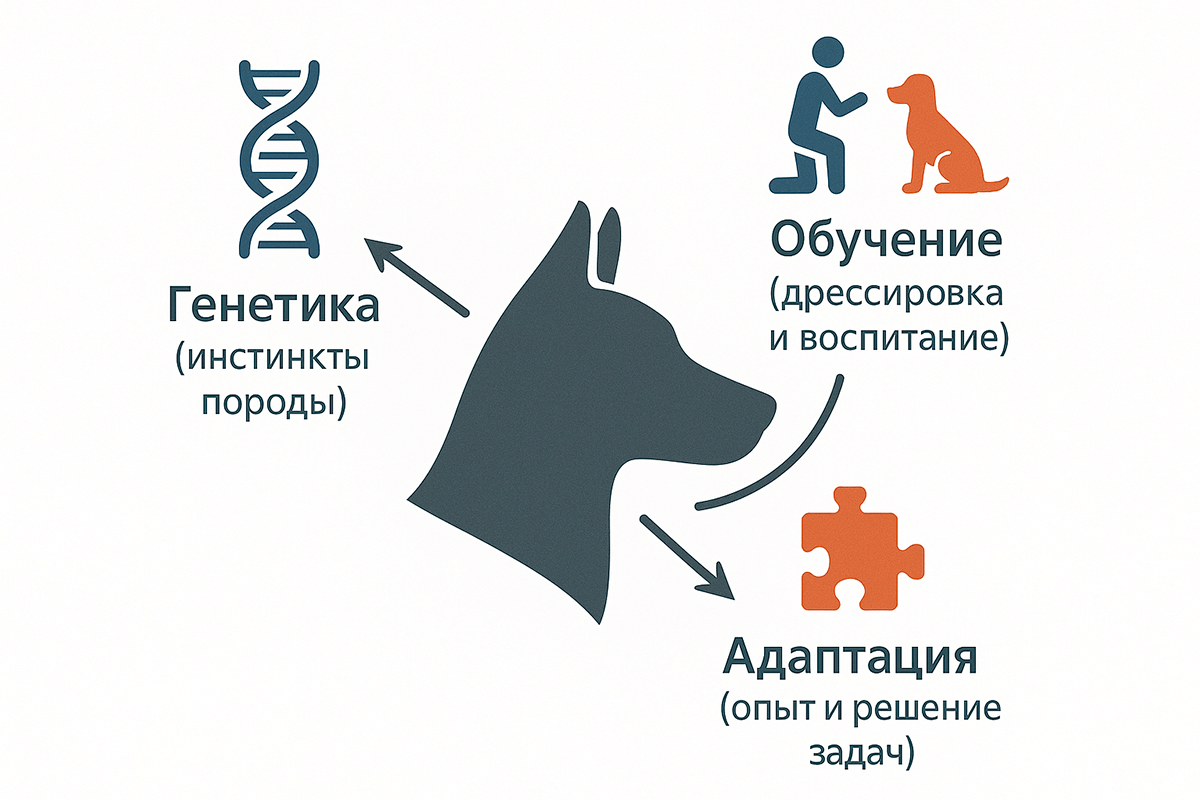 Инфографика, показывающая три составляющие собачьего интеллекта: генетика, обучение и адаптация.