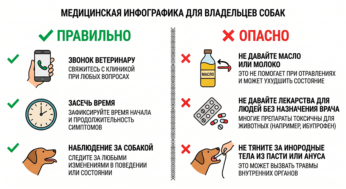 Инфографика: что делать и что категорически нельзя делать, если собака проглотила предмет