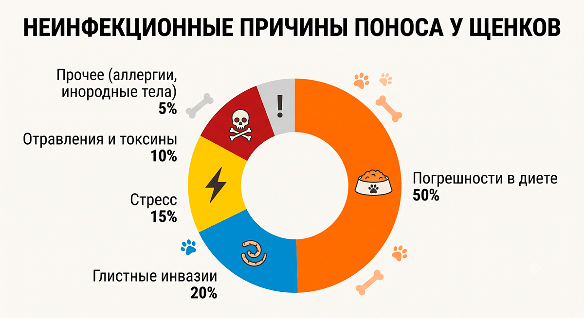Диаграмма соотношения неинфекционных причин расстройства желудка у щенков